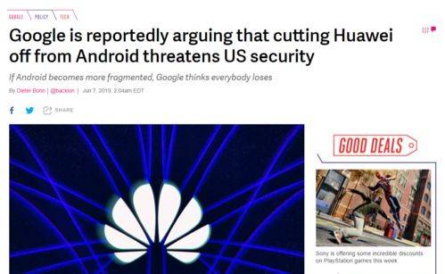 谷歌宣称禁止华为使用安卓会威胁美国安全